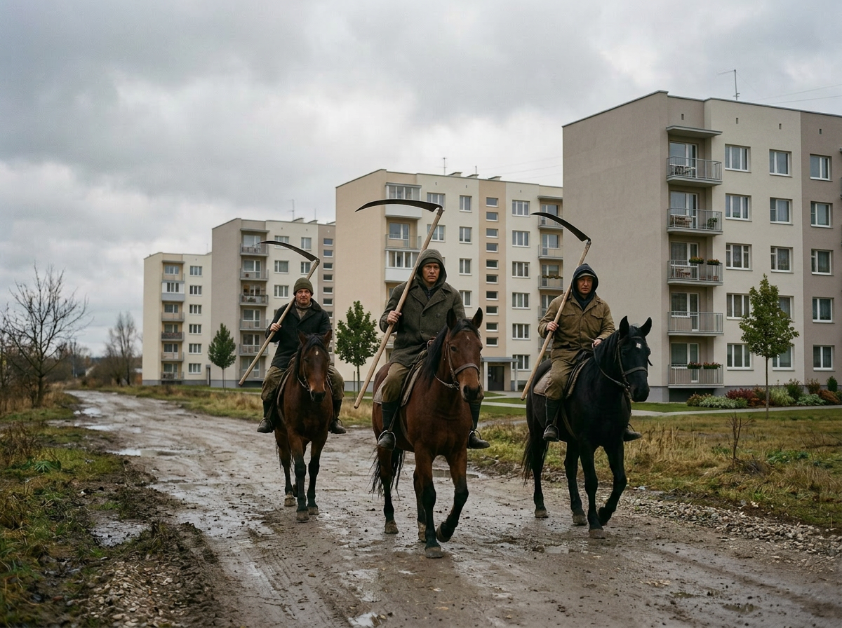 Three men on horses holding scythes riding down a muddy road with apartment buildings in the background