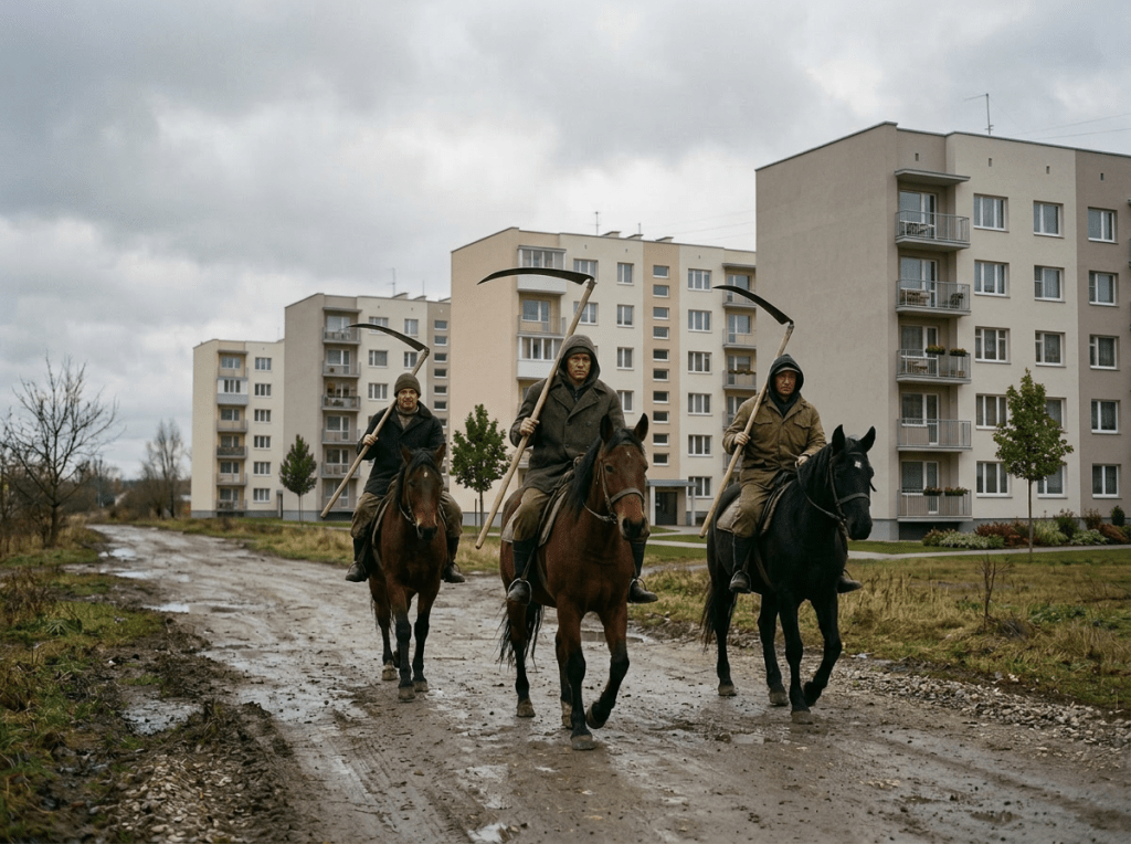 Three men on horses holding scythes riding down a muddy road with apartment buildings in the background